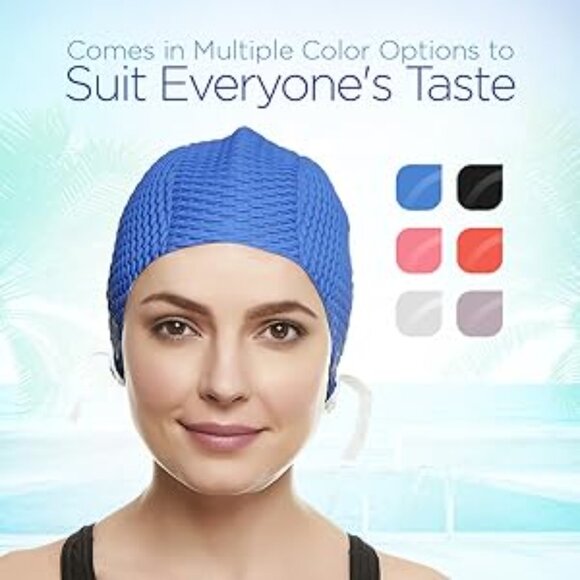 Beemo Swim Cap Women Chin Strap Bubble Crepe Latex Long Short Hair - Pastel Pink - Picture 6 of 6